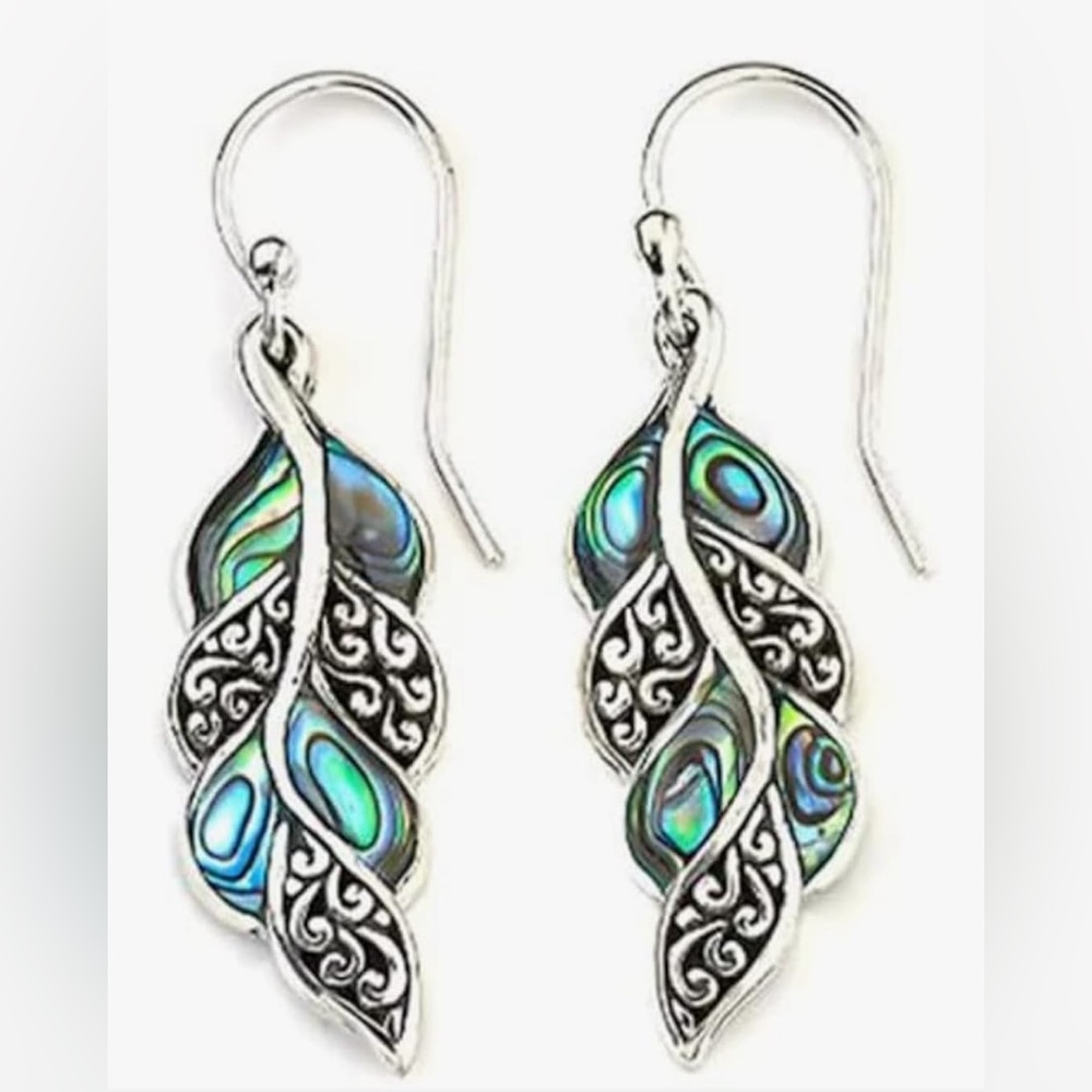 ANTIC VINTAGE 39x12mm Boho Ethnic Peacock Feather Drop Earrings Tribal Carved
